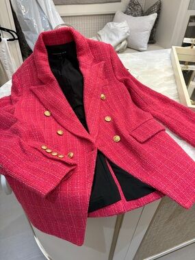 Generation Love Hot Pink Tweed Double-Breasted Blazer with Gold Buttons